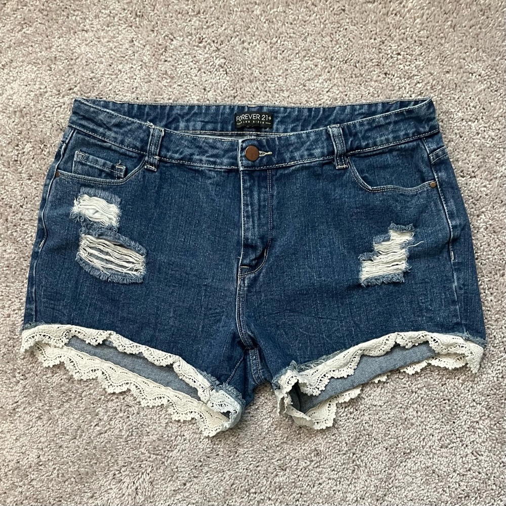Forever 21+ Plus Sizes Distressed Denim Shorts Size 12 Lace Trim Button Zip Fly